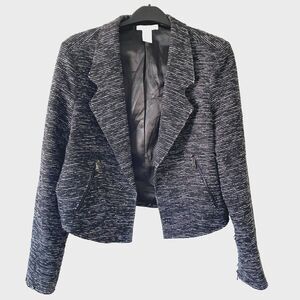 WD.NY Open Front Blazer Women's Sz Large  Black White Jacquard Zip‎ Pockets